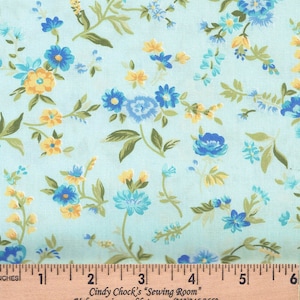 60&quot; wide 100% Cotton floral print Lovely fabric Aqua with blue and yellow flowers Green Leaves (sold BTY) Clothing Apparel Dress Spring