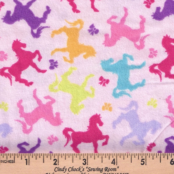 44" wd FLANNEL All cotton fabric David Textiles Pink with purple, lavender, aqua, scarlet cartoon horses (Sold BTY) Juvenile kids girls