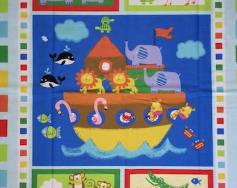 36" x 44" Baby Crib Quilt Blanket Wall Hanging All Cotton Fabric Panel Noah's Ark Animals Colorful Lions Zebras Kids Boys Girls Blue
