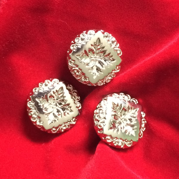 3 Buttons, 1" (15/16") Sparkly Round Silver, 'Snowflake' in a Square in a Circle, Lightweight, Great Texture Bling
