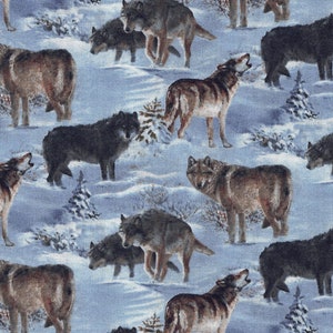 May include: Textile with a repeating pattern of wolves in a snowy scene. The wolves are in shades of brown, black, and grey, some howling. Small evergreen trees are scattered across a light blue background, creating a wintery theme.