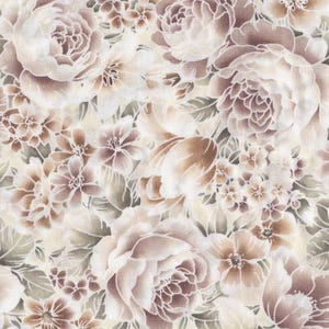 May include: A fabric featuring a dense floral pattern in shades of mauve, brown, and cream. The design includes large, layered rose-like blossoms and smaller filler flowers with green foliage. A wooden ruler measuring 6 inches is visible at the bottom.