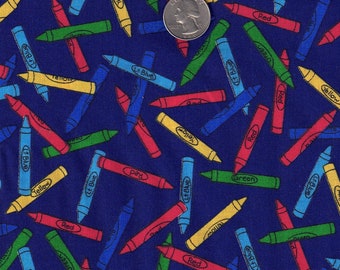 45" wide All Cotton Fabric Navy Blue Crayons Red, Yellow Green Blue Back To School OOP (sold BTY)