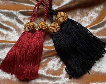 1 Pair Red or Black Conso Chainette Tassels with Gold Monkey Fist Knots 4 inches (1 order = 2 tassels)