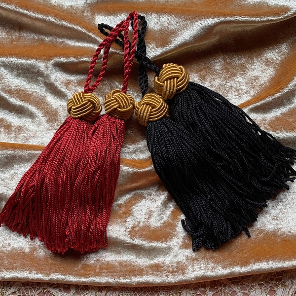 1 Pair Red or Black Conso Chainette Tassels with Gold Monkey Fist Knots 4 inches (1 order = 2 tassels)