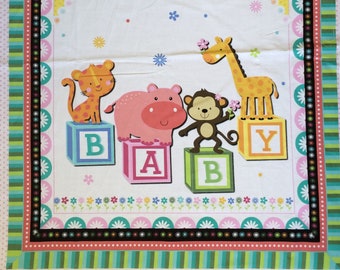 100% Cotton Fabric Panel roughly 36" x 44" BABY Blocks Crib Quilt Blanket Wall Hanging Baby Animals Monkey Giraffe Hippo Lion