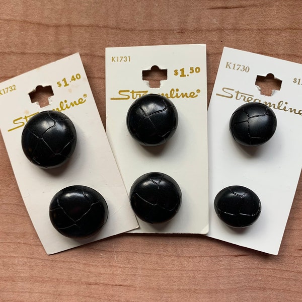 3 Sizes Black Leather-look Buttons with shank on card, Round Made in Italy Washable Dry Cleanable 3/4" up to 1" Streamline S M L