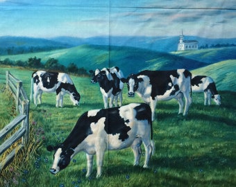 May include: A painting depicting a rural scene with five black and white cows grazing in a green field. A wooden fence runs along the left side of the image. In the background, a white church sits on a hilltop. The painting is signed "Randy '93 McGovern".