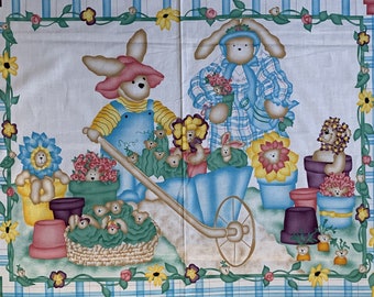 36" x 44" Baby Crib Quilt Blanket Wall Hanging All Cotton Fabric Panel Garden Teddy Bears Flowers Colorful Pastels Blue Charming