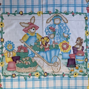 35&quot; x 44&quot; Baby Crib Quilt Blanket Wall Hanging All Cotton Fabric Panel Garden Bunny Rabbits Teddy bears Flowers Colorful Pastels Charming