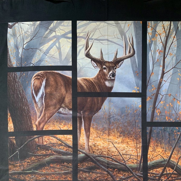 1 Cotton Fabric Panel 45" x 36" Buck Window Frame Digital Wall Hanging Blanket Quilt White Tail Deer Wildlife Hunters Hunting