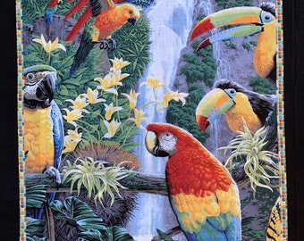 One 36" x 45" Wall hanging Blanket Quilt Fabric panel w/ Tropical Birds Wildlife Toucans Parrots Macaws Springs