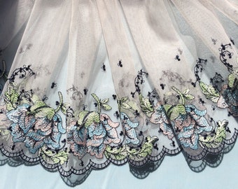 7 1/2" wide Pink Lace Trim Sheer Blue, Green, Black Embroidered Netting Beautiful Soft Floral Flowers (sold BTY) Lingerie