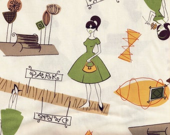 45" wd Robert Kaufman Diva Delights All cotton Retro Print Fabric 50's 60's Green Brown (sold BTY)