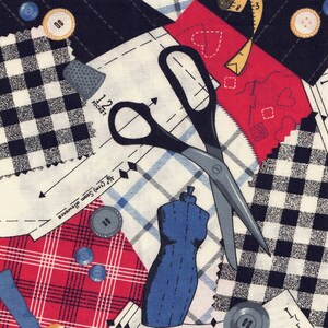 May include: A colorful fabric design featuring a pair of scissors, a sewing pattern, buttons, a measuring tape, and a dress form. The fabric is a patchwork of different patterns, including plaid, gingham, and polka dots.