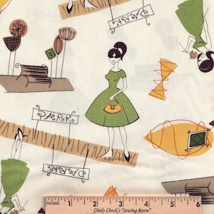 45&quot; wide Robert Kaufman Diva Delights All cotton Retro Print Fabric 50&#39;s 60&#39;s Green Brown (sold BTY) OOP