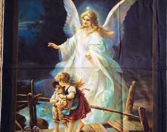 1 Cotton Fabric Panel 45" x 36" Guardian Angel Wall Hanging Crib Baby Blanket Quilt Panel Amazing Grace Children