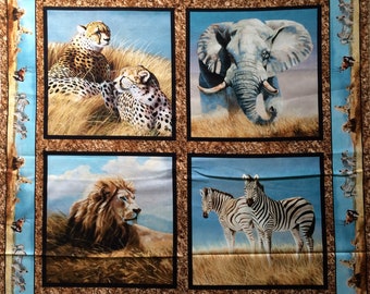 May include: A collage of four images featuring African wildlife. The top left image shows two cheetahs in a grassy field. The top right image shows an elephant in a grassy field. The bottom left image shows a lion in a grassy field. The bottom right image shows two zebras in a grassy field.