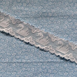 May include: A strip of white lace trim featuring a repeating pattern of swans, positioned diagonally across a light blue fabric background that is covered in a dense, small-scale white floral print. The lace has a scalloped edge detail.