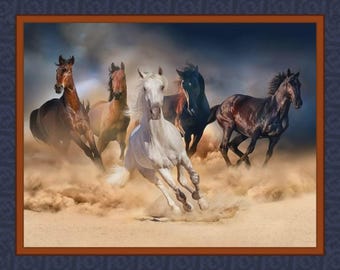 Cotton fabric panel 45" x 35" Running wild horses Digital Wall hanging Blanket Quilt Palomino Stampeding LAST ONE