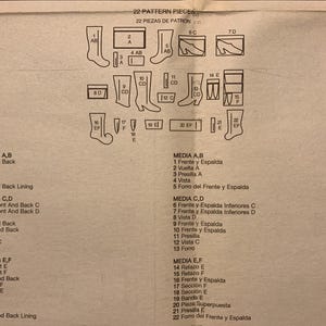 May include: A beige sewing pattern instruction sheet titled 22 PATTERN PIECES, featuring black line drawings of twenty-two distinct stocking components labeled 1 through 22, with corresponding English and Spanish text lists detailing each part.