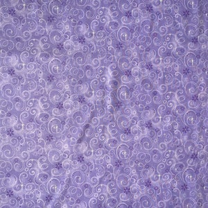 May include: Purple fabric with a white swirl pattern. The fabric has a subtle shimmer.
