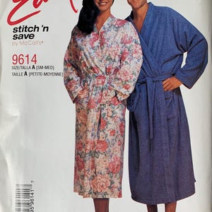 May include: A sewing pattern envelope for Easy stitch 'n save by McCall's 9614, size A [SM-MED]. The front displays two robes: one with a pink and green floral print on a white background, and one in solid blue. Both feature long sleeves and a tie belt.
