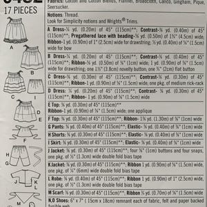 May include: A Simplicity sewing pattern envelope for 18-inch doll clothes, labeled 0482, featuring 17 pieces including dresses, tops, pants, shorts, skirts, jackets, a robe, a scarf, and shoes, with detailed fabric and notion requirements listed.
