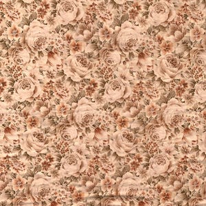 K&ouml;nnte beinhalten: Ein Stoff mit einem dichten, sich wiederholenden Blumenmuster in Beige-, Hellbraun- und Braunt&ouml;nen. Das Design besteht aus gro&szlig;en, geschichteten Rosenbl&uuml;ten, die mit kleineren B&uuml;scheln winziger Blumen und Bl&auml;ttern &uuml;ber die gesamte Fl&auml;che verteilt sind.