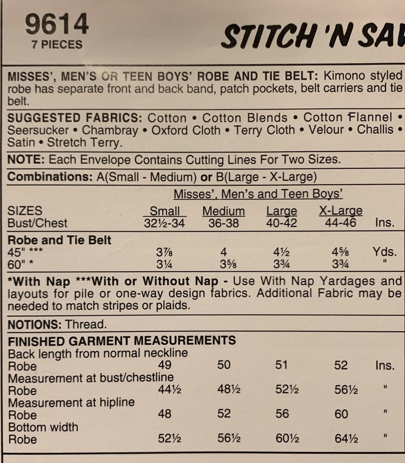 May include: A sewing pattern envelope labeled 9614 STITCH 'N SAVE for a kimono-style robe and tie belt. The text details 7 pieces, suggested fabrics, size combinations from Small to X-Large, yardage requirements in inches, and finished garment measurements.