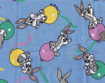 45" wide Rare Vintage All Cotton Fabric Baby Bugs Bunny Balloons Cartoon (Sold BTY) Warner Bros. Blue Yellow Green 1994