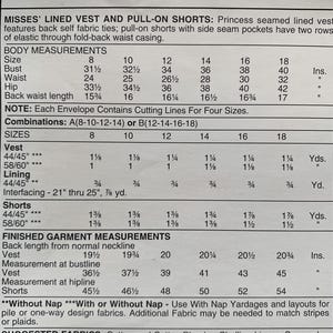 May include: A sewing pattern envelope with the number 8030. The pattern includes instructions for a lined vest and pull-on shorts. Measurements are provided in inches for bust, waist, and hip sizes 8-18. Suggested fabrics include cotton and linen.