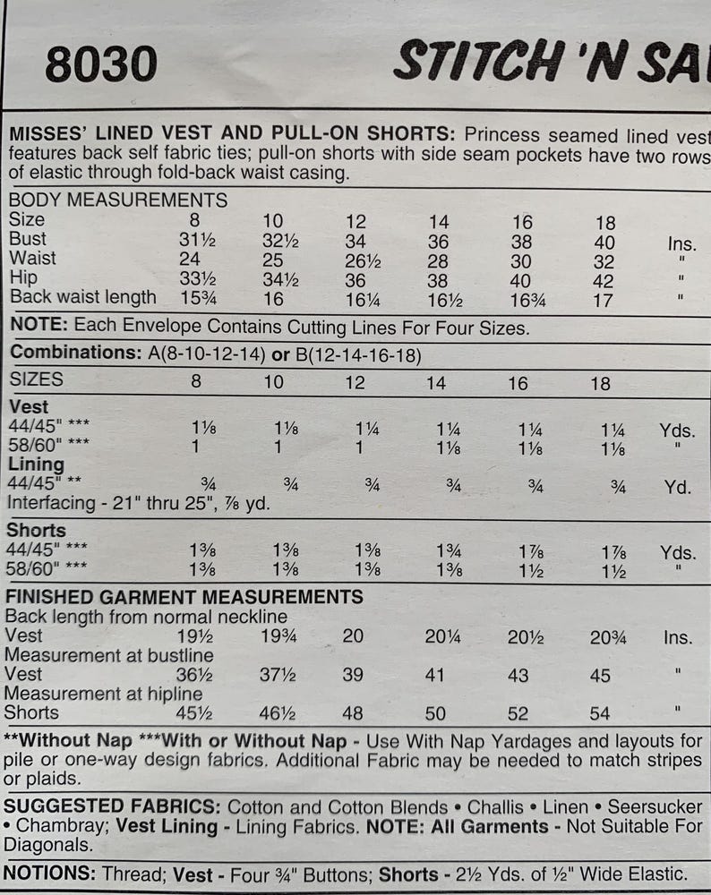 May include: A sewing pattern envelope with the number 8030. The pattern includes instructions for a lined vest and pull-on shorts. Measurements are provided in inches for bust, waist, and hip sizes 8-18. Suggested fabrics include cotton and linen.