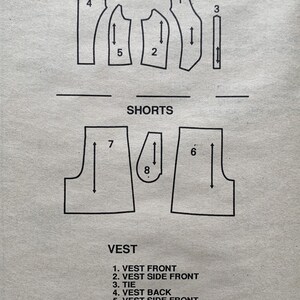 May include: A pattern sheet featuring line drawings of vest and shorts pattern pieces. The pattern includes pieces for the vest front, side front, tie, and back. Shorts pieces include front, back, and pocket.