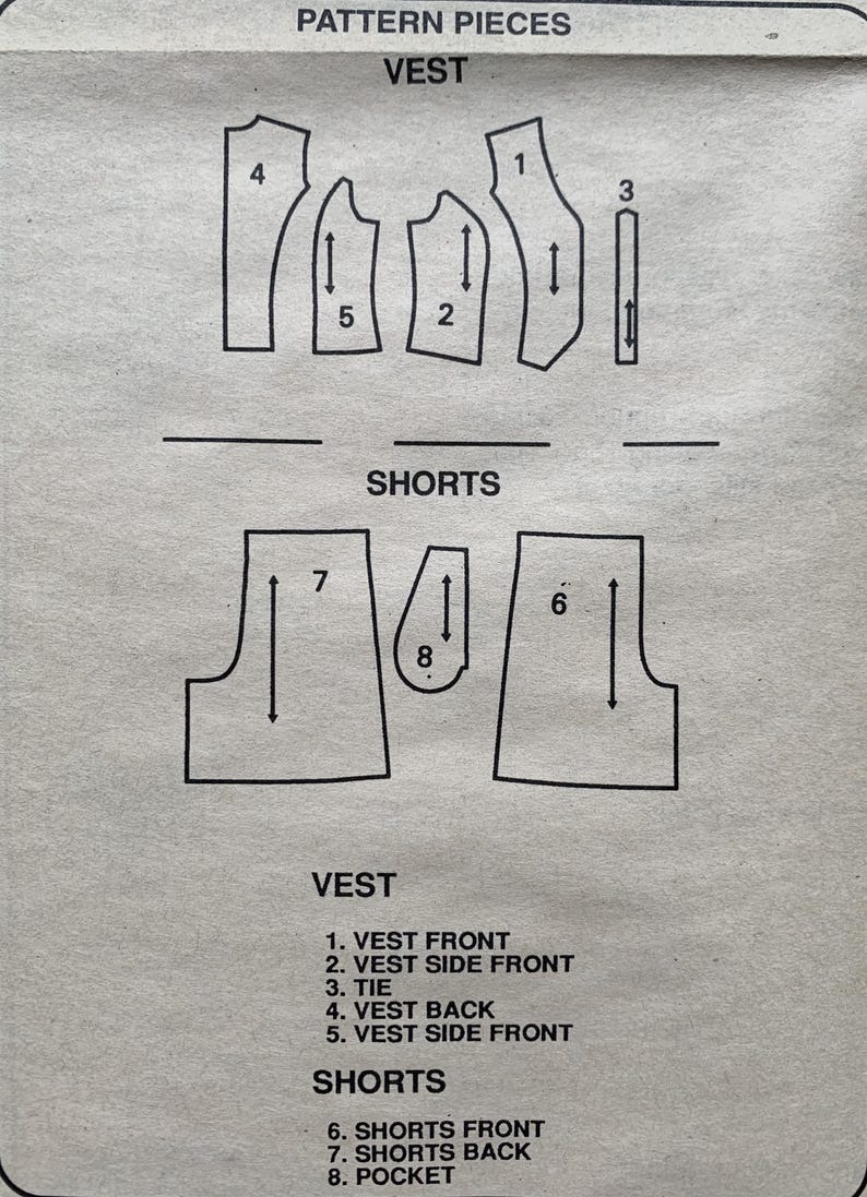 May include: A pattern sheet featuring line drawings of vest and shorts pattern pieces. The pattern includes pieces for the vest front, side front, tie, and back. Shorts pieces include front, back, and pocket.