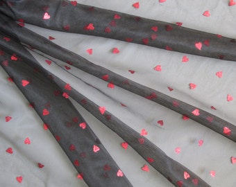 54" wide Soft Black Sheer Nylon or Polyester Beautiful Fabric with Red Sparkle Hearts Glitz (sold BTY)