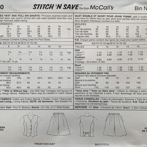 May include: A McCall's sewing pattern for a lined vest and pull-on shorts, with body measurements in inches. The pattern includes diagrams and fabric suggestions. The front and back views of the vest and shorts are shown.