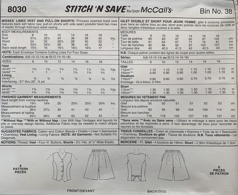 May include: A McCall's sewing pattern for a lined vest and pull-on shorts, with body measurements in inches. The pattern includes diagrams and fabric suggestions. The front and back views of the vest and shorts are shown.