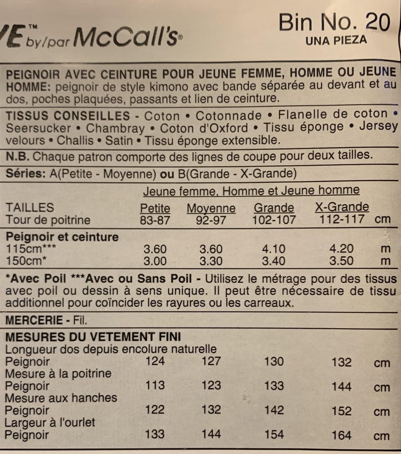 May include: A sewing pattern instruction sheet for a kimono-style robe with a belt, front bands, patch pockets, and belt loops. The document includes fabric recommendations, sizing charts in centimeters, and finished garment measurements.