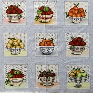 Peut inclure: Un panneau de tissu avec un motif répété de bols de fruits. Les bols contiennent des pommes, des fraises, des oranges et des raisins. Les bols sont décorés et placés sur un fond à motifs. Les fruits sont de couleurs variées.
