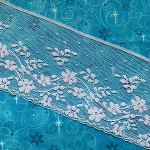 May include: A strip of white lace trim featuring a delicate floral pattern with scalloped edges. The lace has a fine mesh background and is positioned diagonally across a bright turquoise fabric background decorated with small stars and swirls.