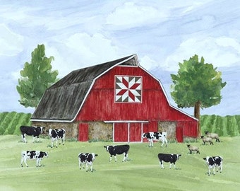 1 All cotton fabric panel 36" x 45" Riley Blake Red Barn Quilts Farm Scene Digital Wall Hanging Blanket Quilt Farmers Cows Holsteins