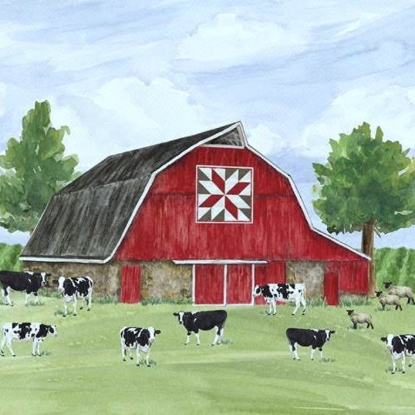 1 All cotton fabric panel 36" x 45" Riley Blake Red Barn Quilts Farm Scene Digital Wall Hanging Blanket Quilt Farmers Cows Holsteins