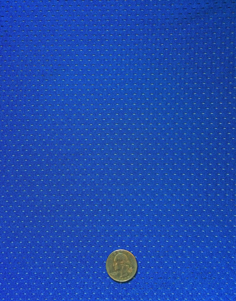 Peut inclure: Un tissu en maille athl&eacute;tique bleu roi vif pr&eacute;sentant une grille coh&eacute;rente de petits trous de ventilation r&eacute;guli&egrave;rement espac&eacute;s. Une pi&egrave;ce de monnaie am&eacute;ricaine de 25 cents d'un diam&egrave;tre de 2,43 cm est plac&eacute;e en bas au centre.