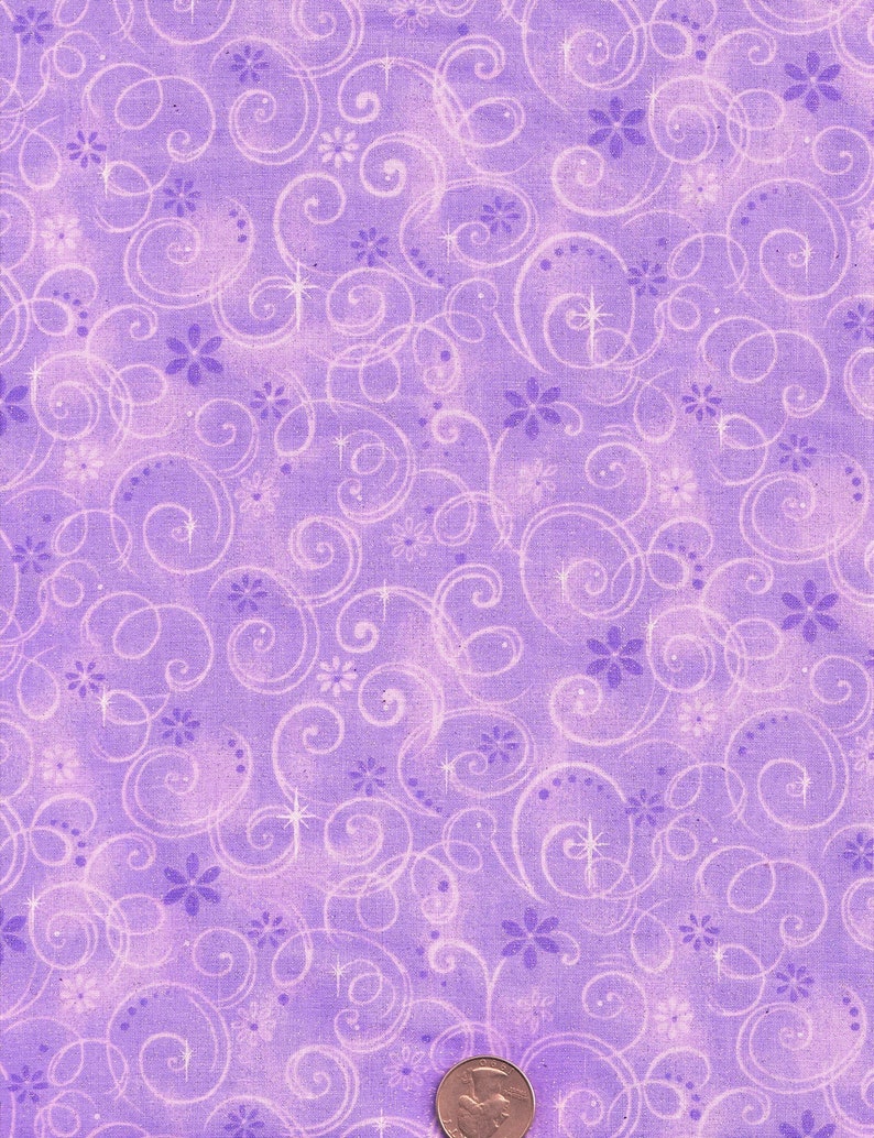 May include: Purple fabric with a white swirl pattern and small purple flowers. The fabric has a subtle shimmer.
