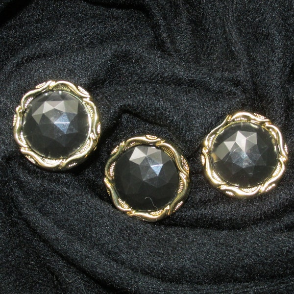 3 Large Buttons, 1 1/8" Round Shiny Black Faceted with Gold Braid Ring, Lightweight, Great Texture, Acrylic Coat Jacket Cloak