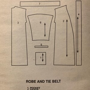 May include: A sewing pattern sheet titled PATTERN PIECES ROBE AND TIE BELT. It displays seven numbered black line drawings of garment components including a pocket, front, back, band, loop, sleeve, and tie belt with directional arrows.