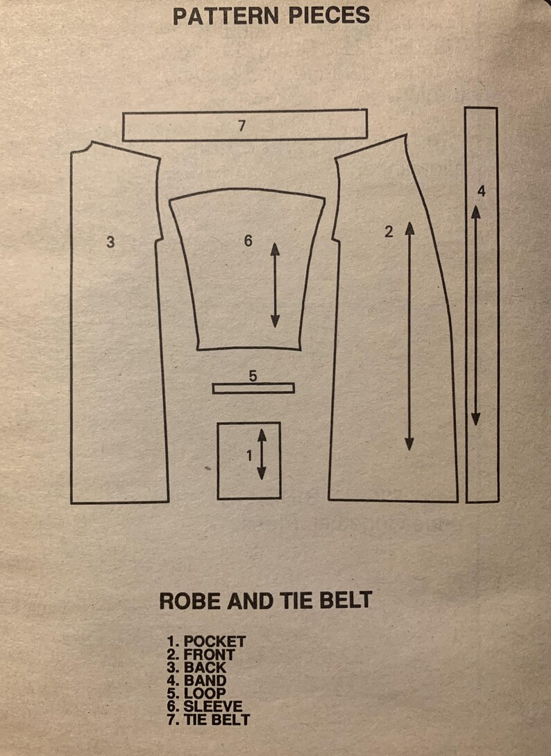 May include: A sewing pattern sheet titled PATTERN PIECES ROBE AND TIE BELT. It displays seven numbered black line drawings of garment components including a pocket, front, back, band, loop, sleeve, and tie belt with directional arrows.