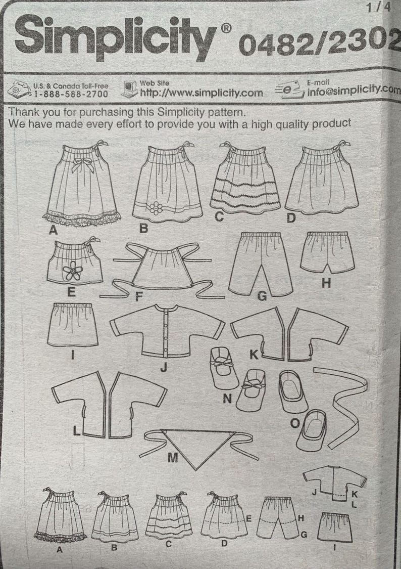 May include: A Simplicity 0482/2302 sewing pattern instruction sheet featuring line drawings of various garments including skirts, shorts, tops, a jacket, a bandana, and shoes, labeled with letters A through O for assembly guidance.