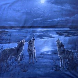 May include: A blue-toned image depicts three wolves howling at a full moon in a nighttime landscape. The scene includes a body of water, silhouetted trees, and a cloudy sky, creating a serene, yet wild, atmosphere.